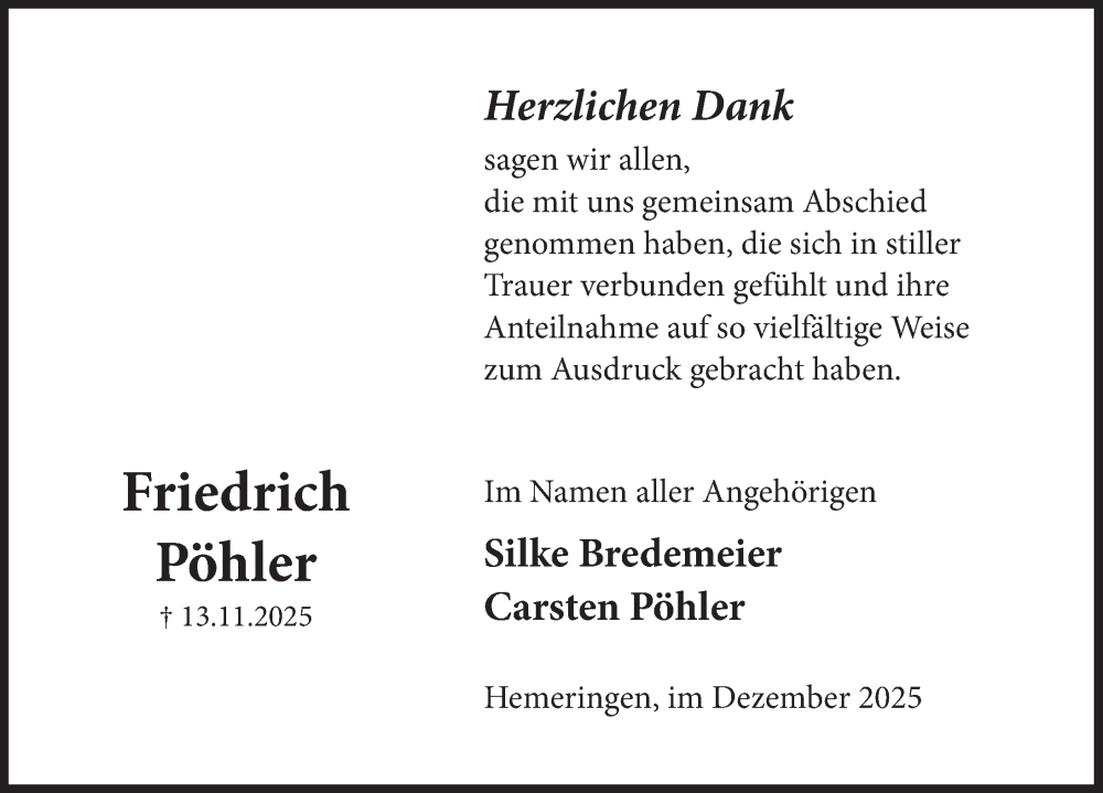  Traueranzeige für Friedrich Pöhler vom 20.12.2025 aus Deister- und Weserzeitung