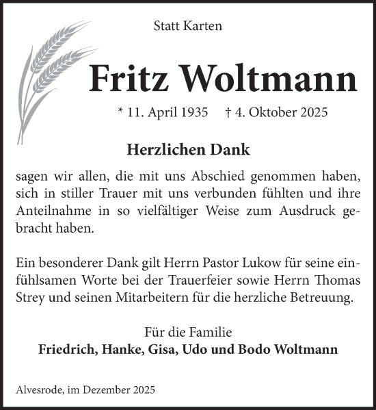 Traueranzeige von Fritz Woltmann von Neue Deister-Zeitung