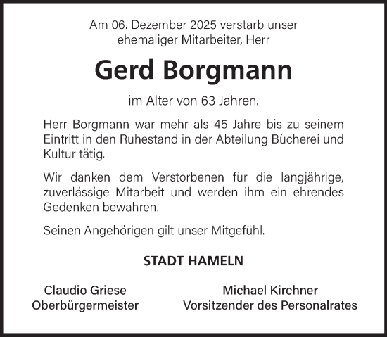 Traueranzeige von Gerd Borgmann von Deister- und Weserzeitung