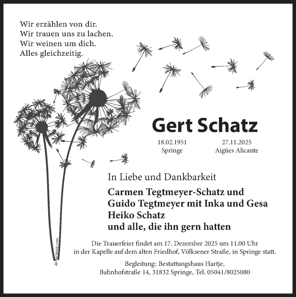  Traueranzeige für Gert Schatz vom 10.12.2025 aus Neue Deister-Zeitung