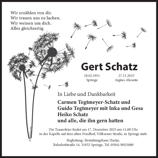 Traueranzeige von Gert Schatz von Neue Deister-Zeitung