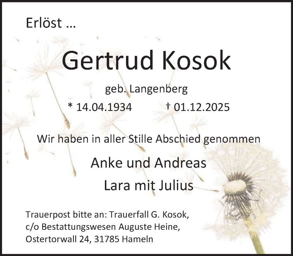  Traueranzeige für Gertrud Kosok vom 23.12.2025 aus Deister- und Weserzeitung