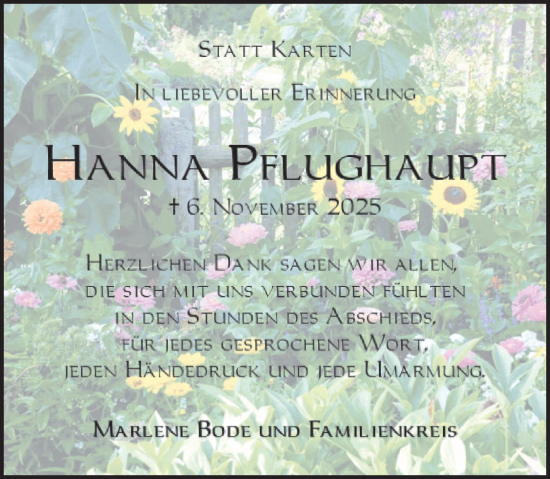 Traueranzeige von Hanna Pflughaupt von Deister- und Weserzeitung