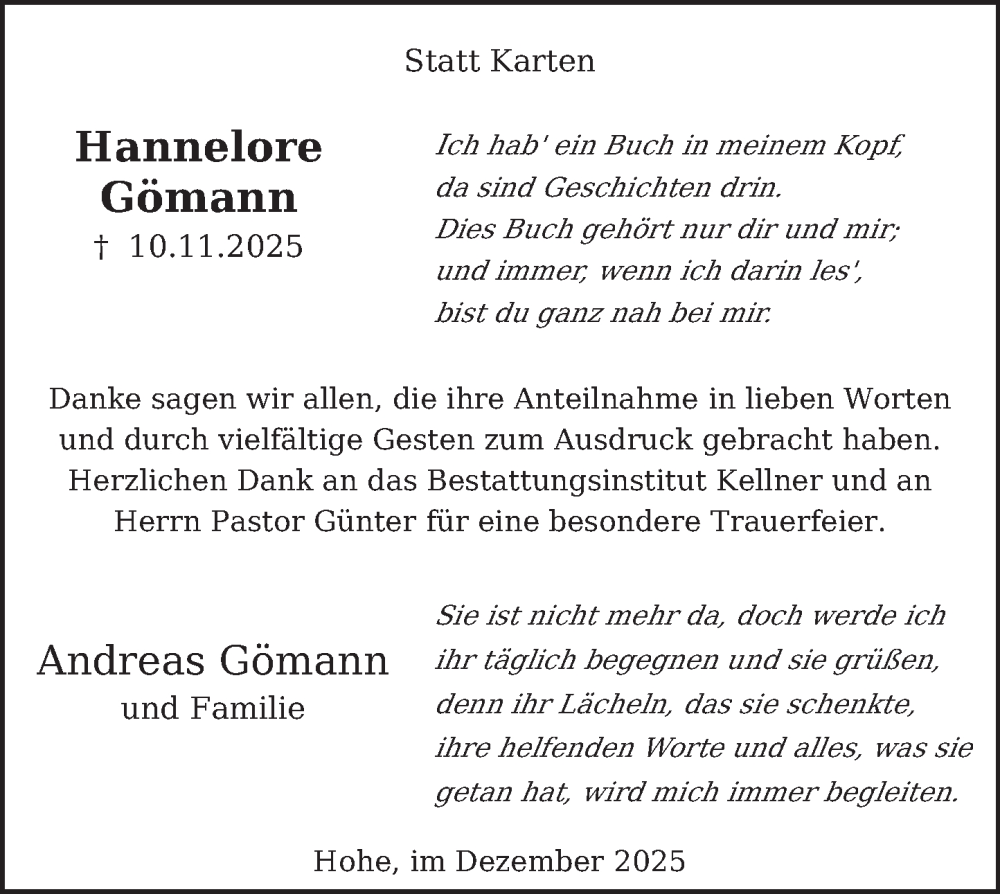  Traueranzeige für Hannelore Gömann vom 27.12.2025 aus Deister- und Weserzeitung