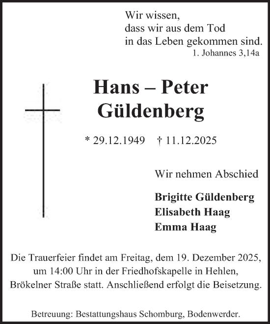 Traueranzeige von Hans-Peter Güldenberg von Deister- und Weserzeitung