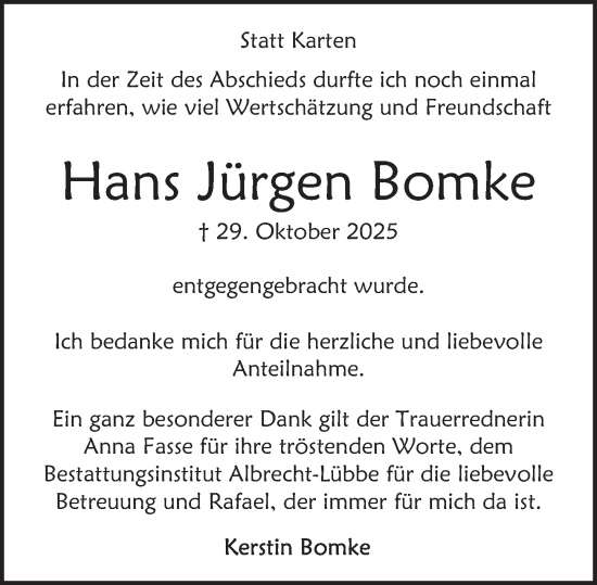 Traueranzeige von Hans Jürgen Bomke von Deister- und Weserzeitung