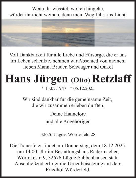 Traueranzeige von Hans Jürgen Retzlaff von Deister- und Weserzeitung