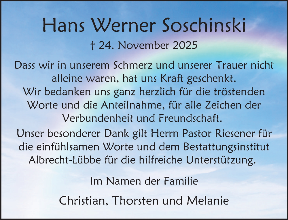  Traueranzeige für Hans Werner Soschinski vom 27.12.2025 aus Deister- und Weserzeitung
