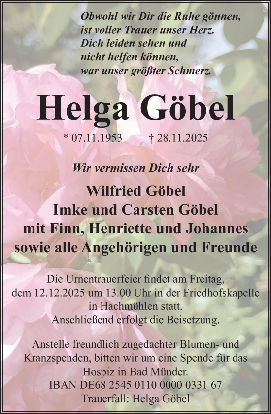 Traueranzeige von Helga Göbel von Deister- und Weserzeitung