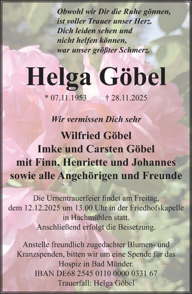  Traueranzeige für Helga Göbel vom 06.12.2025 aus Deister- und Weserzeitung