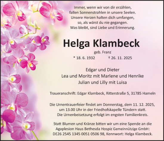 Traueranzeige von Helga Klambeck von Deister- und Weserzeitung