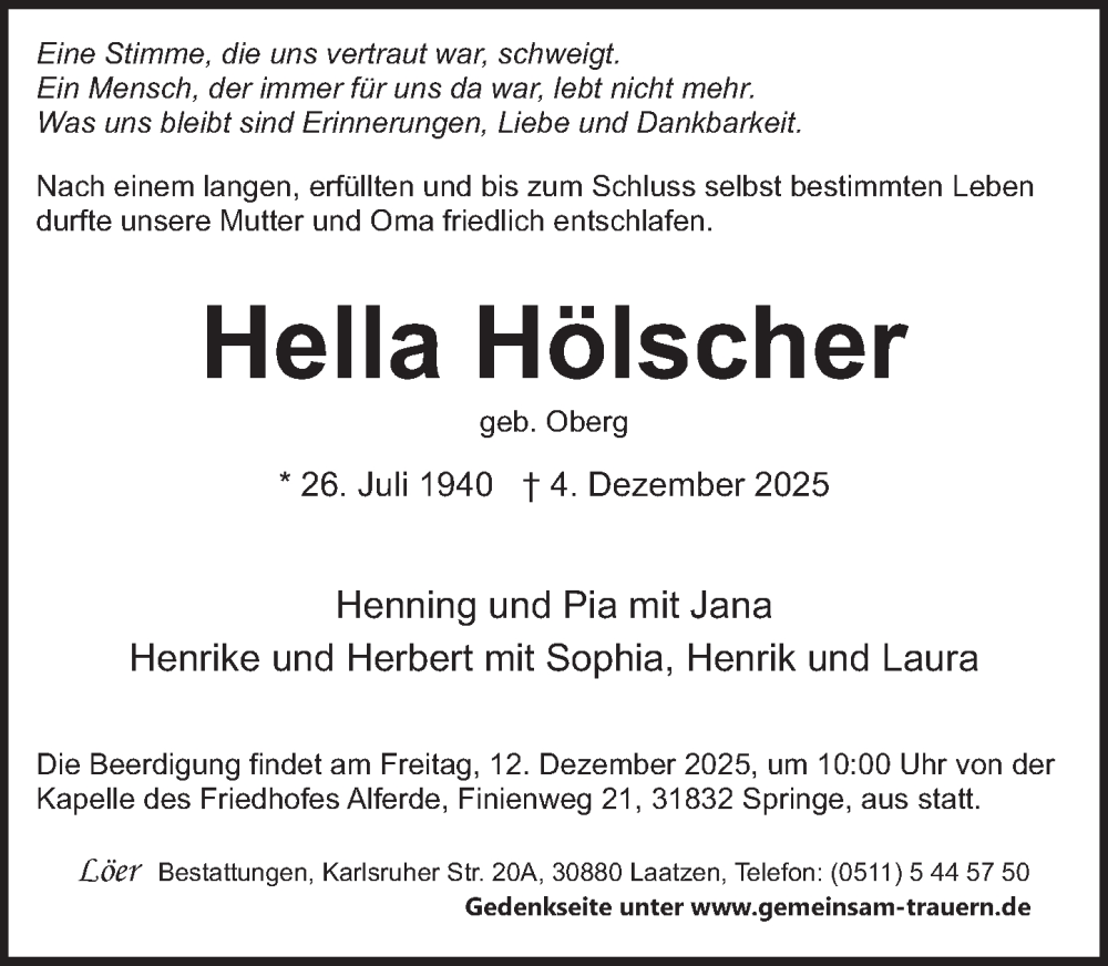  Traueranzeige für Hella Hölscher vom 08.12.2025 aus Neue Deister-Zeitung