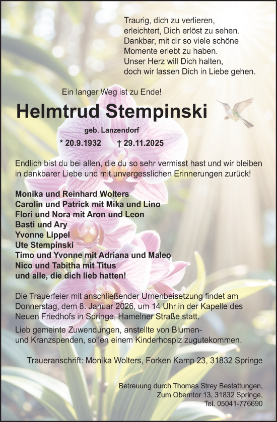 Traueranzeige von Helmtrud Stempinski von Neue Deister-Zeitung