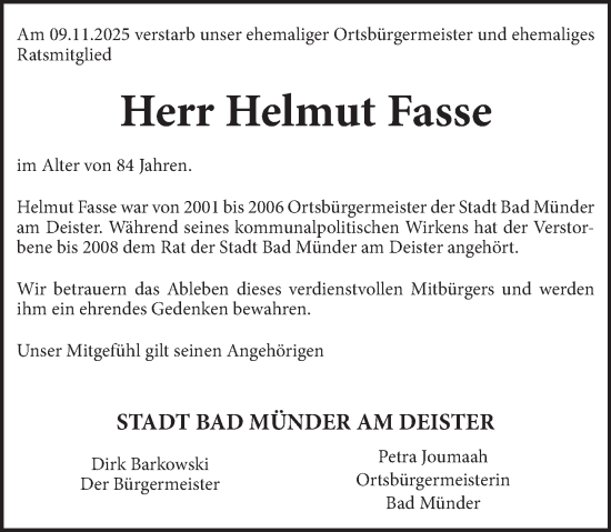 Traueranzeige von Helmut Fasse von Neue Deister-Zeitung