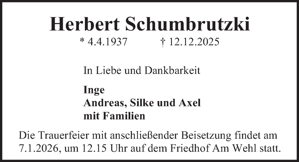  Traueranzeige für Herbert Schumbrutzki vom 27.12.2025 aus Deister- und Weserzeitung