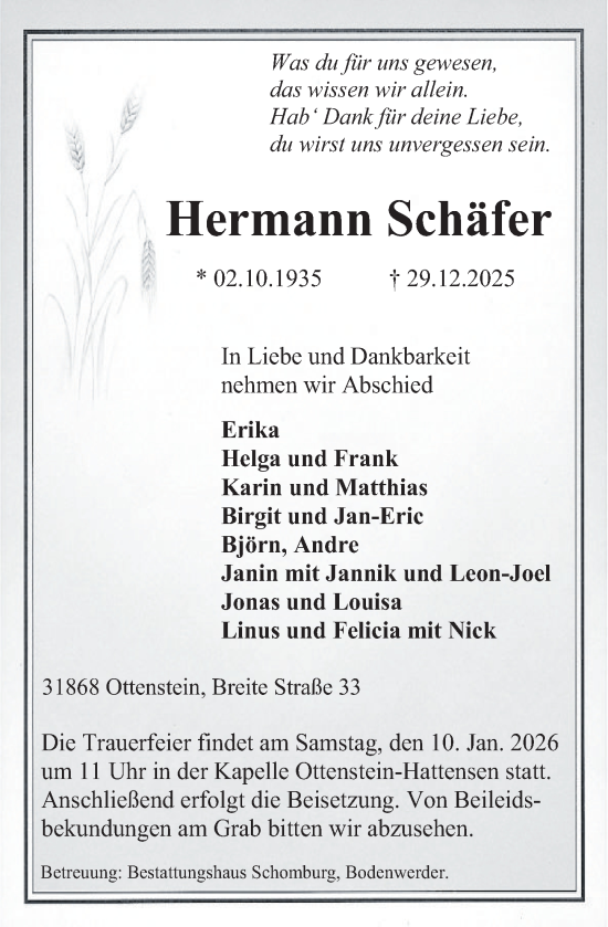 Traueranzeige von Hermann Schäfer von Deister- und Weserzeitung