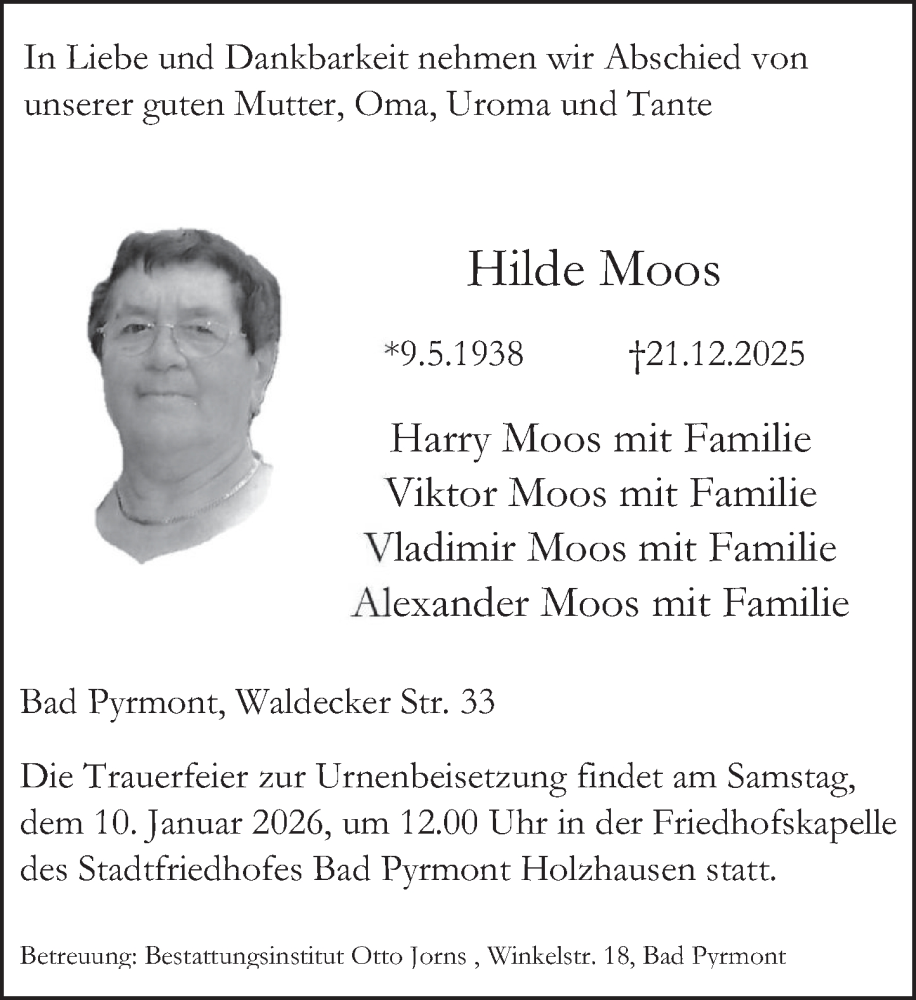  Traueranzeige für Hilde Moos vom 03.01.2026 aus Deister- und Weserzeitung