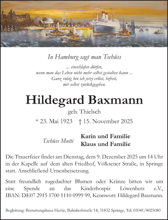 Traueranzeige von Hildegard Baxmann von Neue Deister-Zeitung