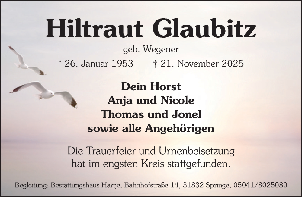 Traueranzeige für Hiltraut Glaubitz vom 06.12.2025 aus Neue Deister-Zeitung