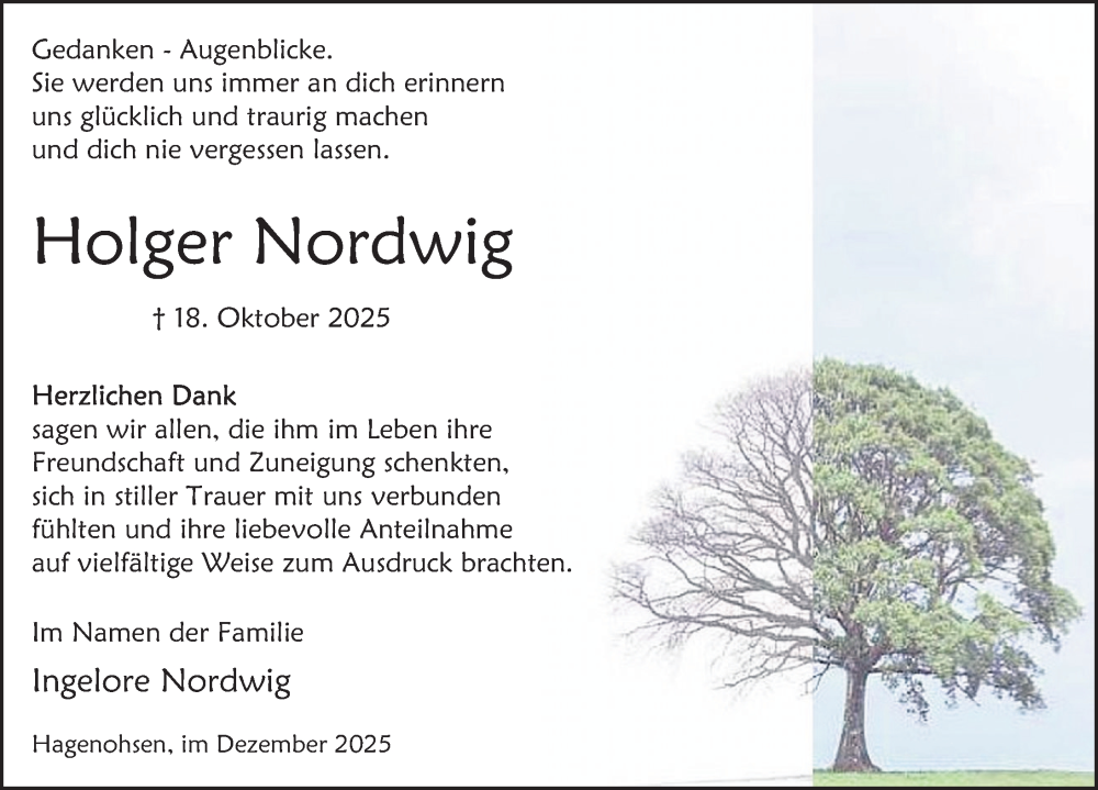  Traueranzeige für Holger Nordwig vom 06.12.2025 aus Deister- und Weserzeitung