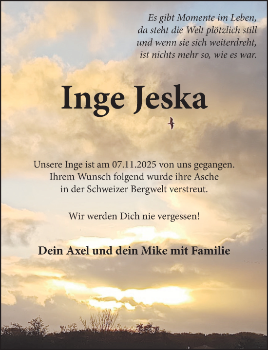 Traueranzeige von Inge Jeska von Neue Deister-Zeitung