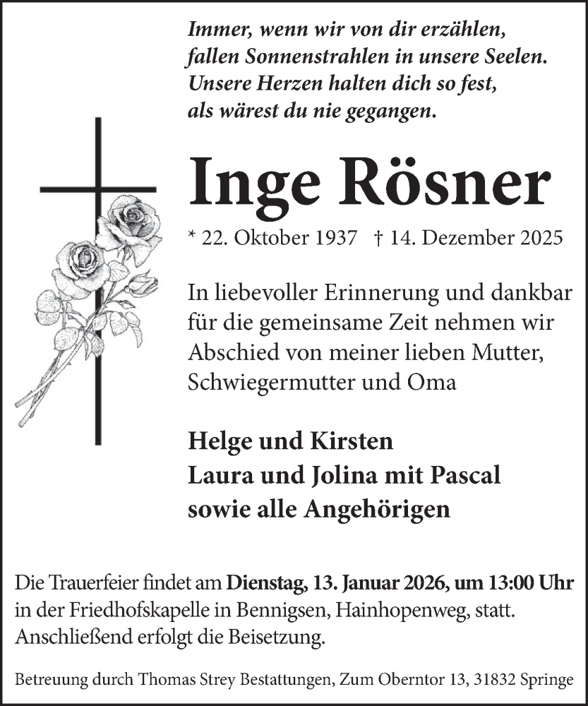  Traueranzeige für Inge Rösner vom 03.01.2026 aus Neue Deister-Zeitung