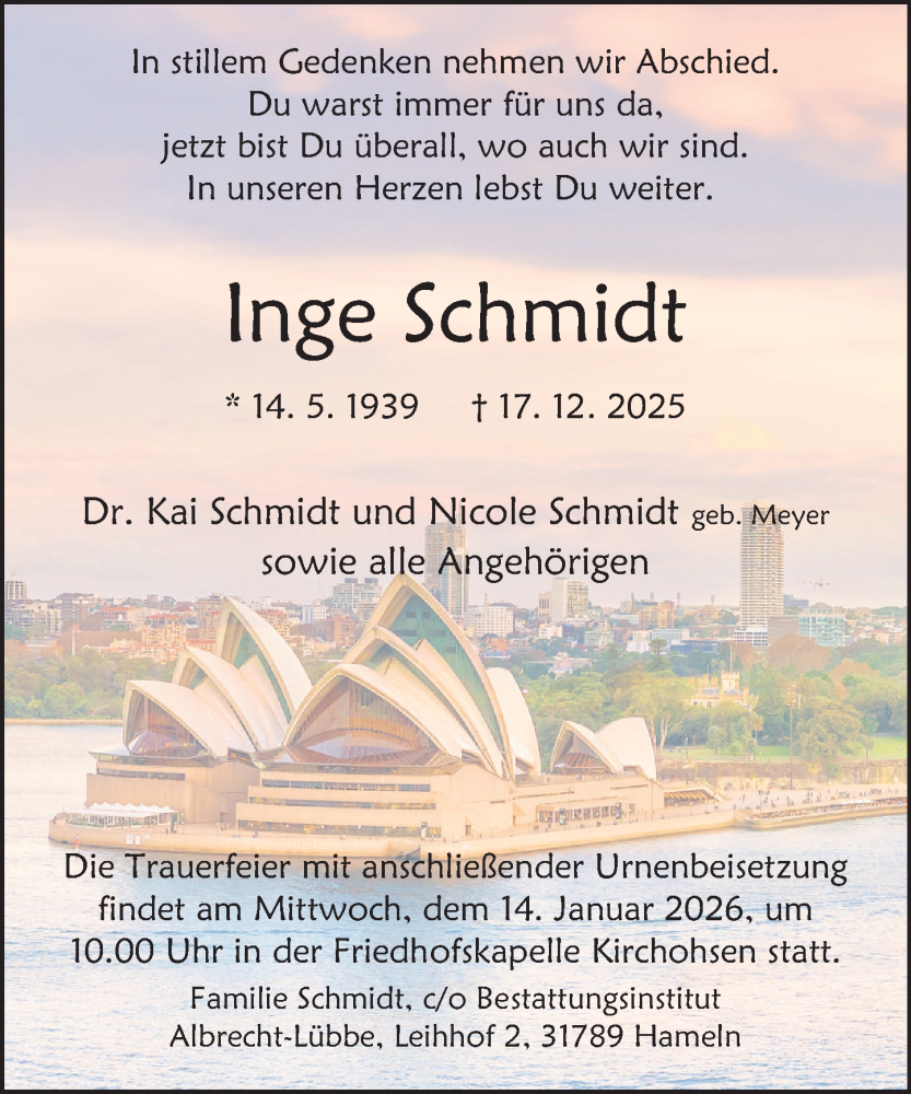  Traueranzeige für Inge Schmidt vom 03.01.2026 aus Deister- und Weserzeitung