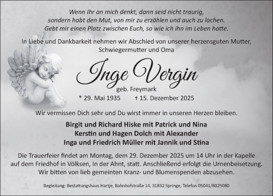 Traueranzeige von Inge Vergin von Neue Deister-Zeitung