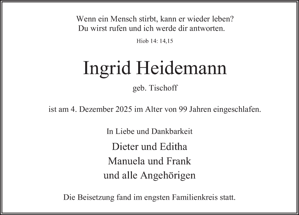  Traueranzeige für Ingrid Heidemann vom 20.12.2025 aus Deister- und Weserzeitung
