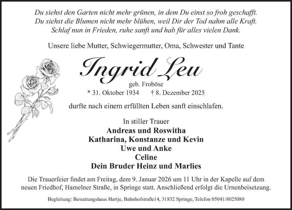  Traueranzeige für Ingrid Leu vom 13.12.2025 aus Neue Deister-Zeitung