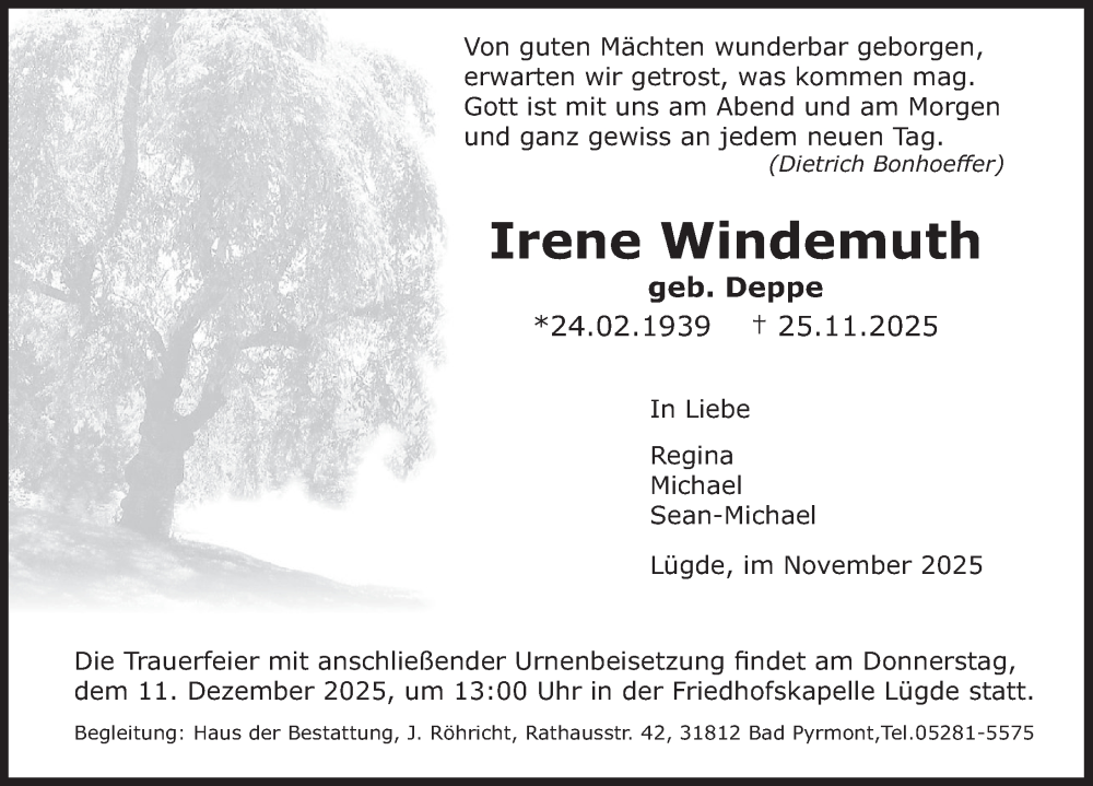  Traueranzeige für Irene Windemuth vom 06.12.2025 aus Deister- und Weserzeitung