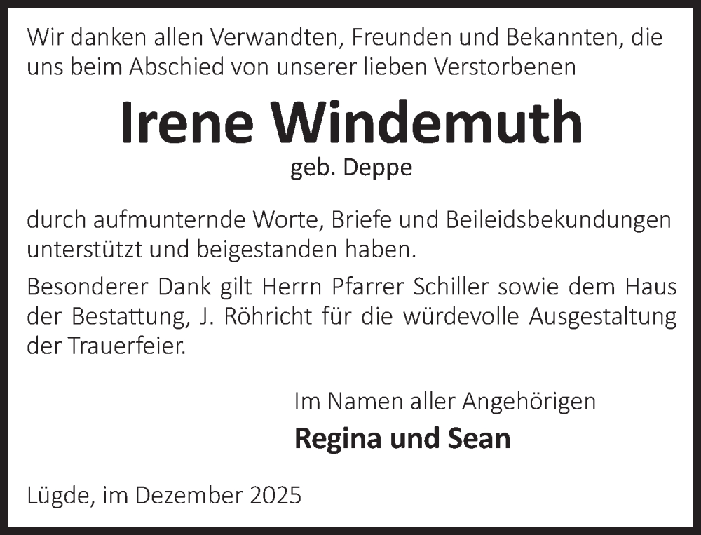  Traueranzeige für Irene Windemuth vom 27.12.2025 aus Deister- und Weserzeitung