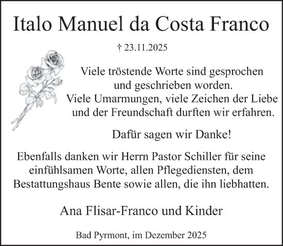 Traueranzeige von Italo Manuel da Costa Franco von Deister- und Weserzeitung