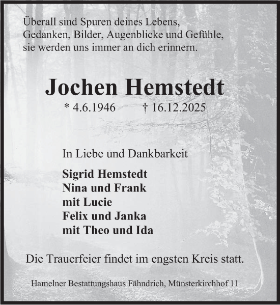 Traueranzeige von Jochen Hemstedt von Deister- und Weserzeitung