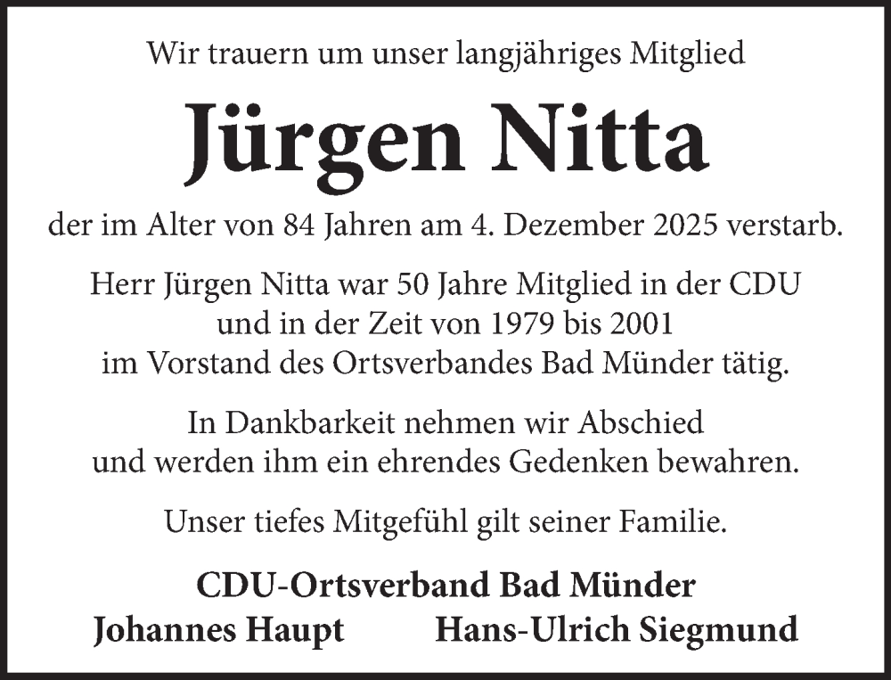  Traueranzeige für Jürgen Nitta vom 20.12.2025 aus Neue Deister-Zeitung