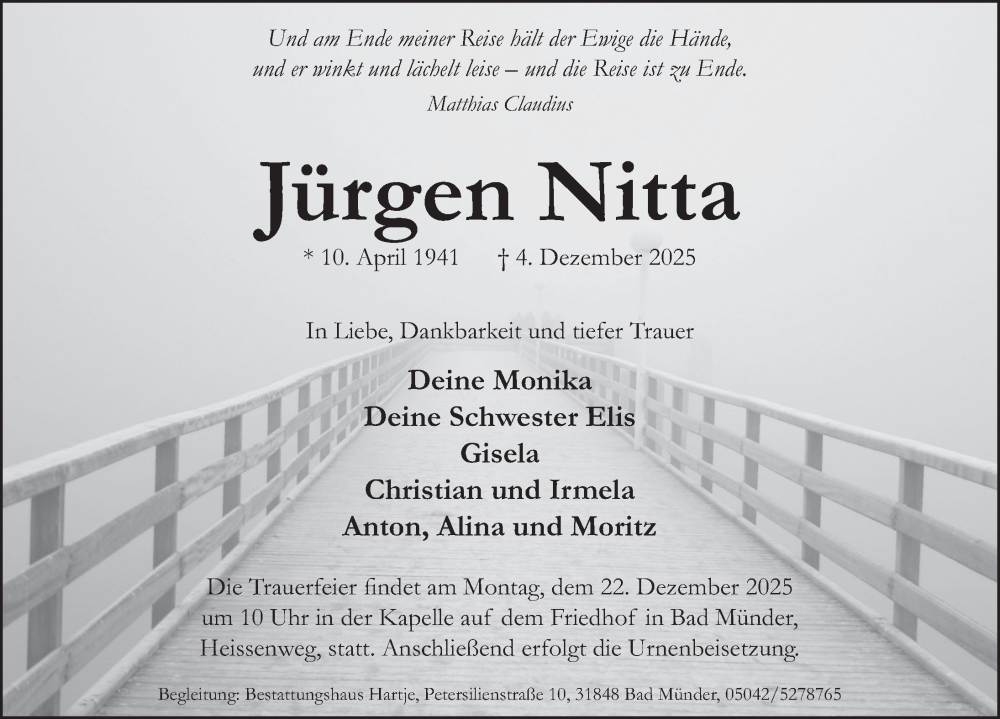  Traueranzeige für Jürgen Nitta vom 13.12.2025 aus Neue Deister-Zeitung