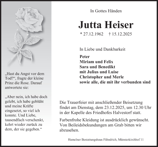 Traueranzeige von Jutta Heiser von Deister- und Weserzeitung
