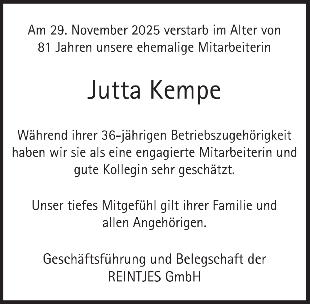  Traueranzeige für Jutta Kempe vom 06.12.2025 aus Deister- und Weserzeitung