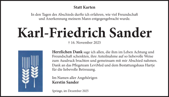 Traueranzeige von Karl-Friedrich Sander von Neue Deister-Zeitung