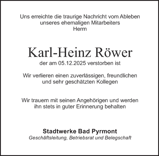 Traueranzeige von Karl-Heinz Röwer von Deister- und Weserzeitung
