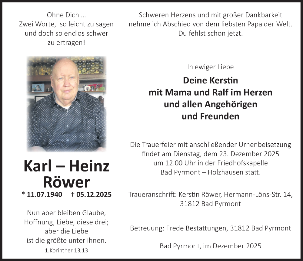  Traueranzeige für Karl-Heinz Röwer vom 13.12.2025 aus Deister- und Weserzeitung