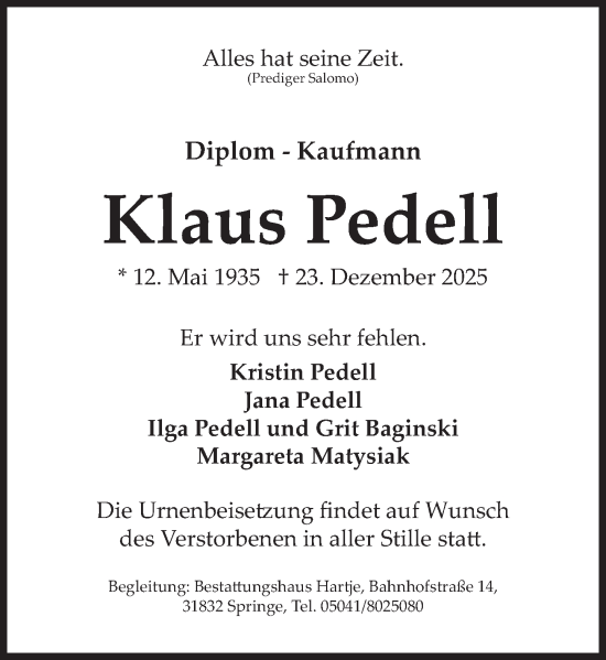 Traueranzeige von Klaus Pedell von Neue Deister-Zeitung
