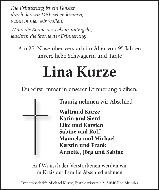 Traueranzeige von Lina Kurze von Neue Deister-Zeitung