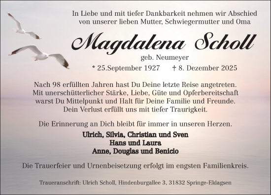 Traueranzeige von Magdalena Scholl von Neue Deister-Zeitung