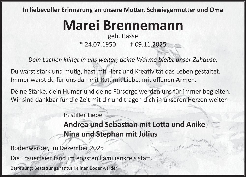  Traueranzeige für Marei Brennemann vom 06.12.2025 aus Deister- und Weserzeitung