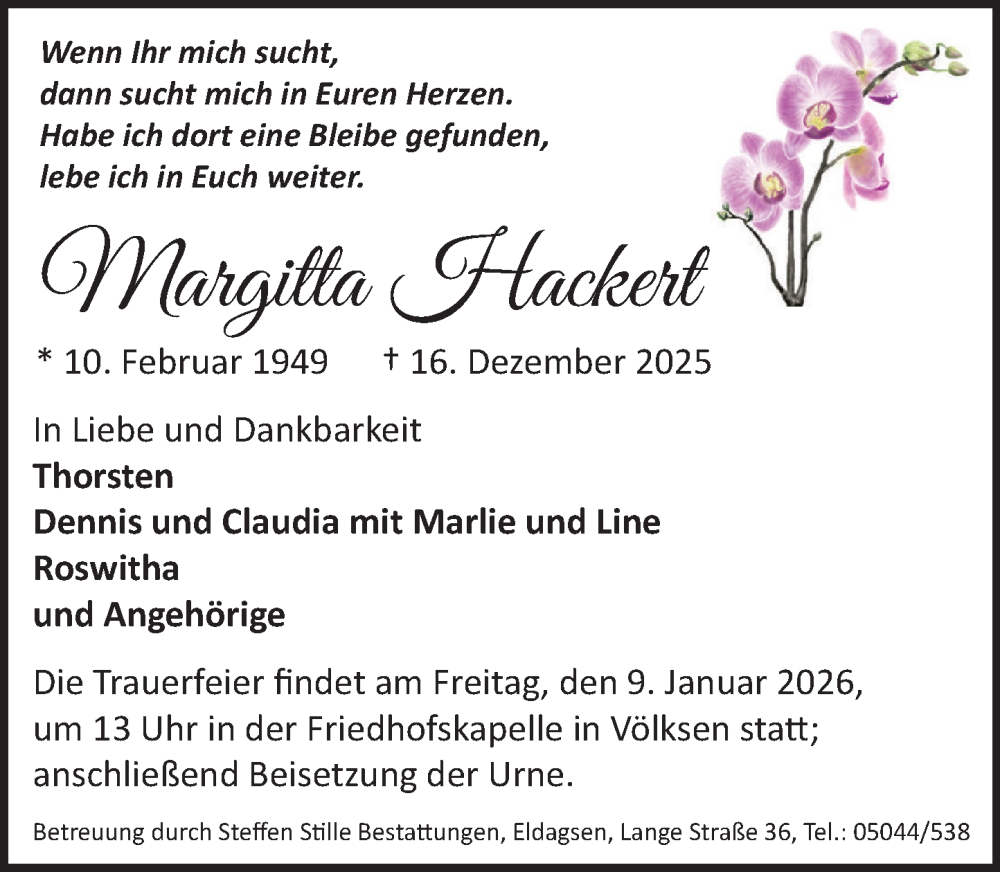  Traueranzeige für Margitta Hackert vom 03.01.2026 aus Neue Deister-Zeitung