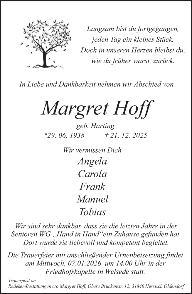  Traueranzeige für Margret Hoff vom 03.01.2026 aus Deister- und Weserzeitung