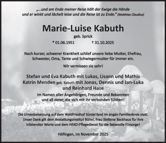 Traueranzeige von Marie-Luise Kabuth von Deister- und Weserzeitung