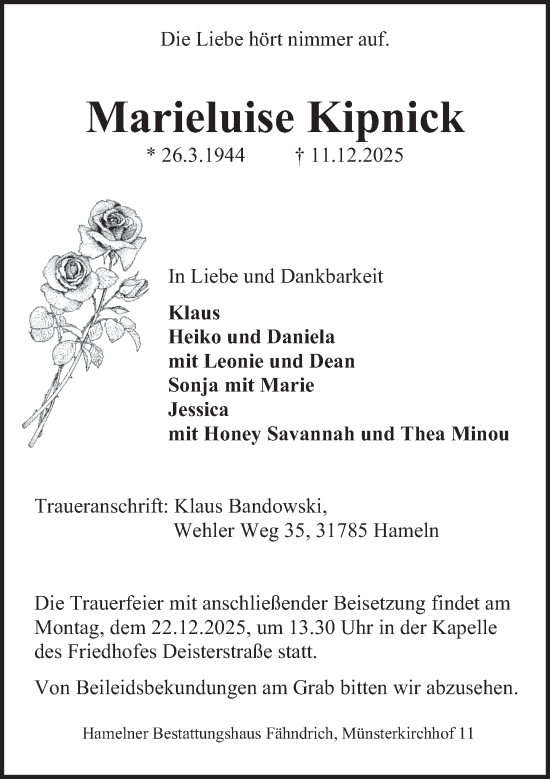 Traueranzeige von Marieluise Kipnick von Deister- und Weserzeitung