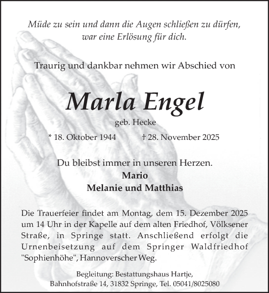 Traueranzeige von Marla Engel von Neue Deister-Zeitung